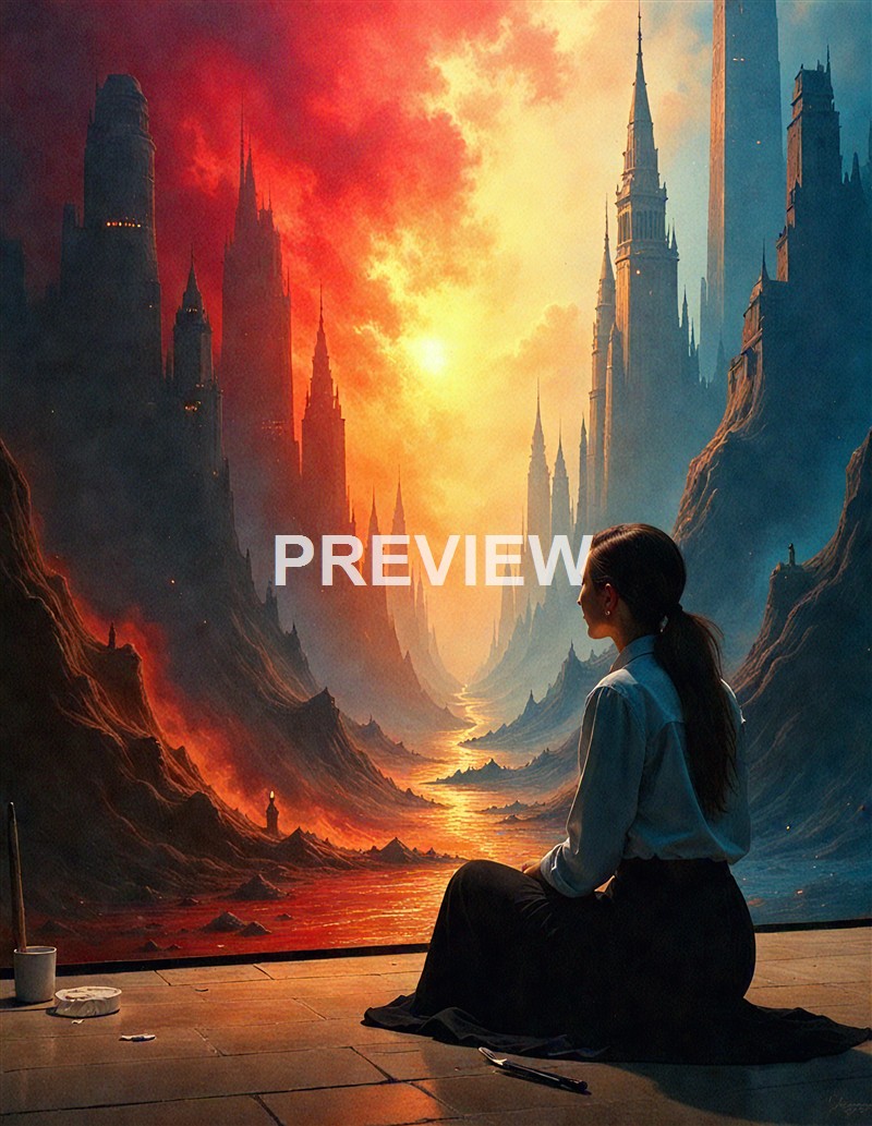 A woman sitting on the floor in front of a large, fantastical painting of a cityscape with tall, pointed buildings and a fiery, dramatic sky.